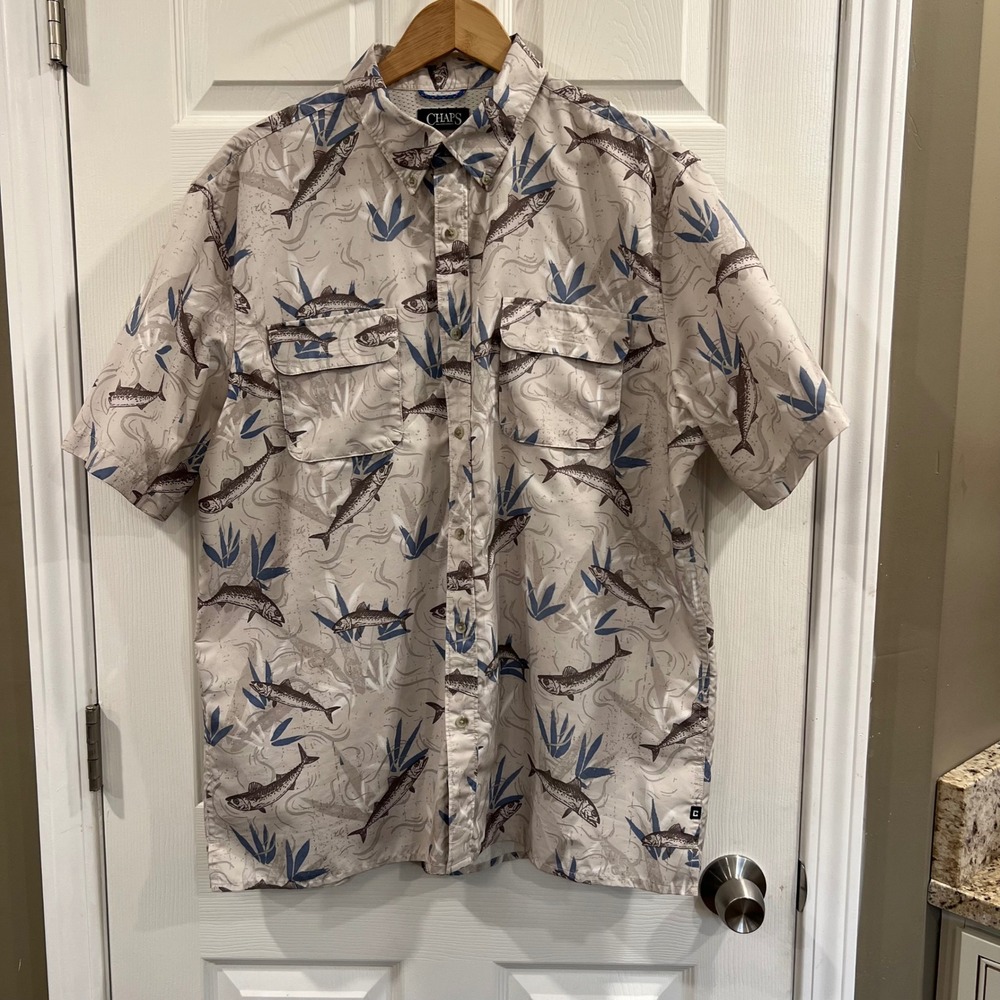 Chaps Mens XL Fishing Shirt Short Sleeve Button Down Fish Print Tan Blue